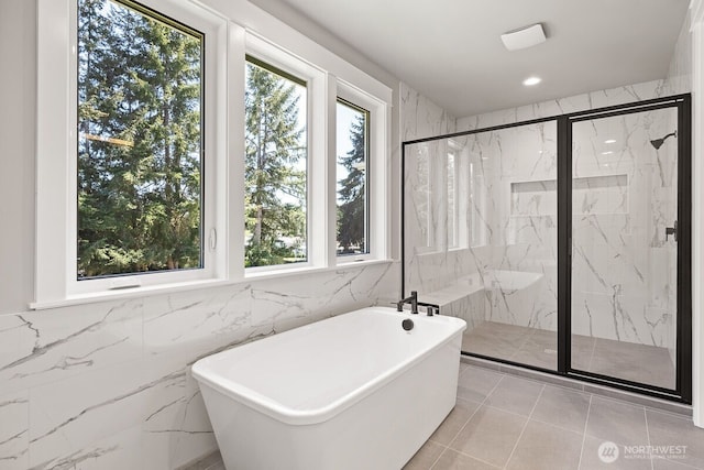1433 238th St SE, Bothell, WA 98021 - bathroom featuring recessed lighting, tile walls, a marble finish shower, and a soaking tub
