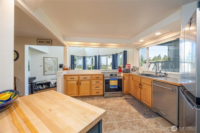 2877N Nugent Rd Unit M4, Lummi Island, WA 98262 - kitchen with appliances with stainless steel finishes, a sink, a peninsula, butcher block countertops, and recessed lighting