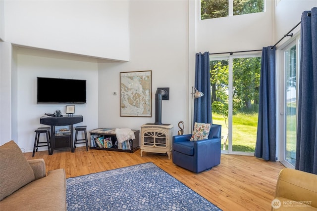 2877N Nugent Rd Unit M4, Lummi Island, WA 98262 - living area featuring a high ceiling, a wood stove, and wood finished floors