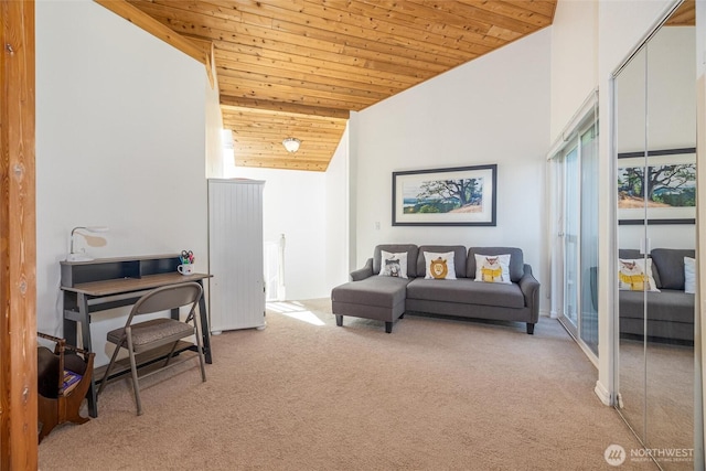 2877N Nugent Rd Unit M4, Lummi Island, WA 98262 - living area with wooden ceiling, light colored carpet, and high vaulted ceiling