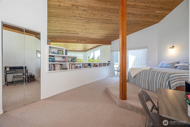 2877N Nugent Rd Unit M4, Lummi Island, WA 98262 - bedroom featuring carpet flooring, wooden ceiling, high vaulted ceiling, baseboards, and a closet