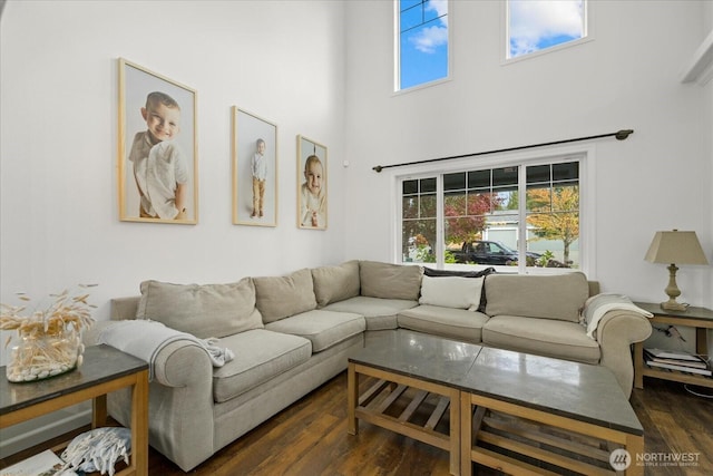 17726 83rd Dr NE, Arlington, WA 98223 - living room with healthy amount of natural light, dark wood-style floors, and a towering ceiling