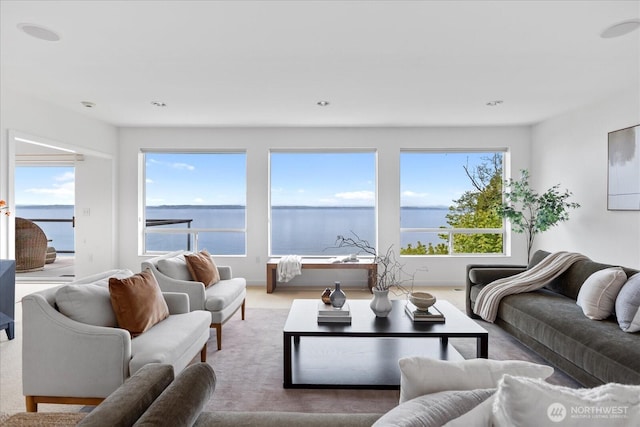 living room with a water view and carpet