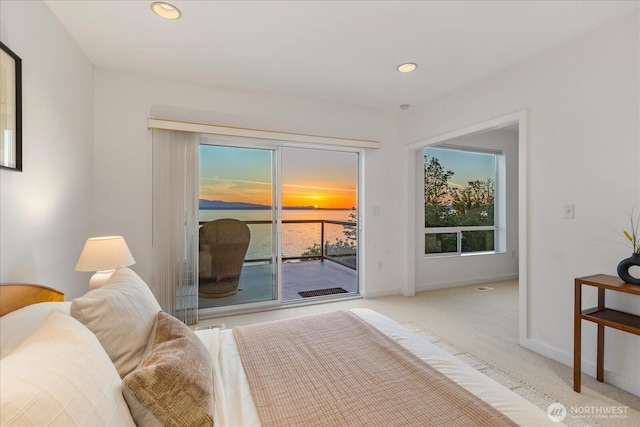 bedroom featuring baseboards, access to outside, carpet, and recessed lighting