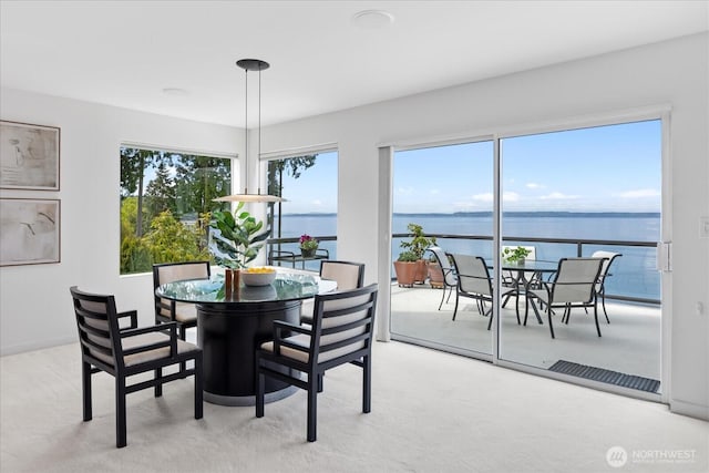 dining room with a water view and carpet floors