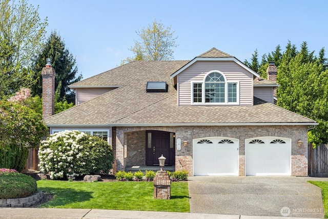23812 21st Dr SE, Bothell, WA 98021 - traditional home with a garage, a front yard, driveway, and a chimney