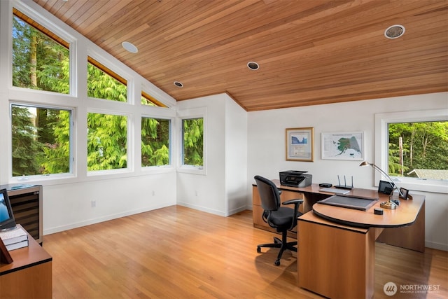 home office featuring wooden ceiling, baseboards, wood finished floors, and lofted ceiling