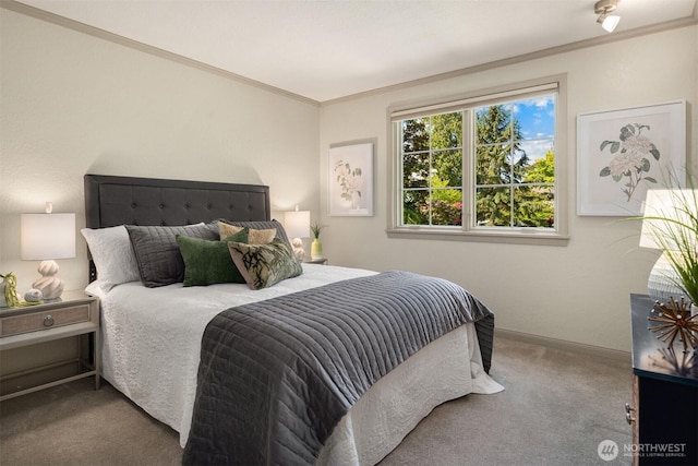 bedroom with crown molding, carpet floors, and baseboards