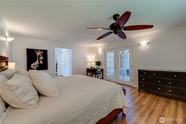 6160 NE 185th St, Kenmore, WA 98028 - bedroom featuring french doors, access to outside, light wood-type flooring, and ceiling fan