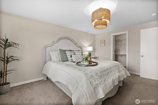 carpeted bedroom with baseboards, a spacious closet, and a closet