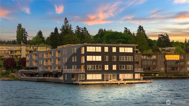 water view featuring a tree filled landscape and a boat dock