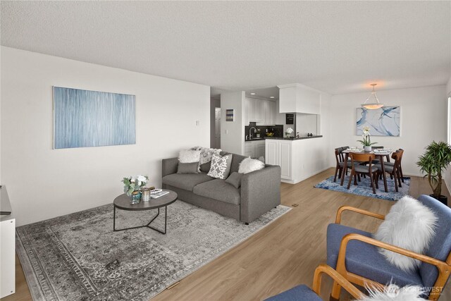 living room with light wood-style floors and a textured ceiling
