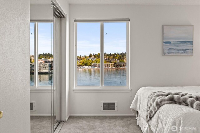 carpeted bedroom with a water view, multiple windows, and baseboards