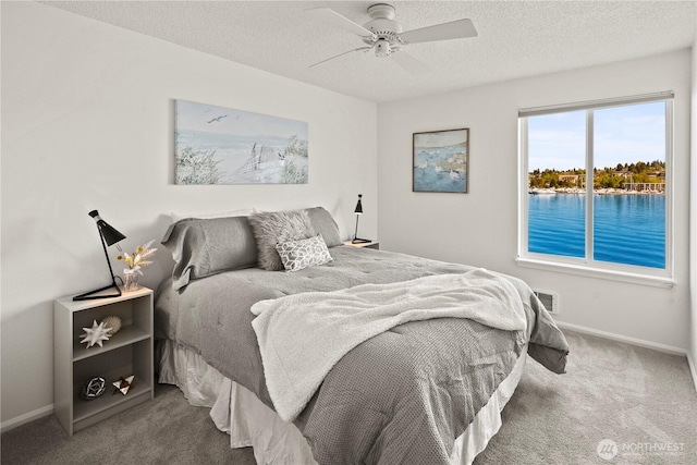 733 S Lake St Unit 312, Kirkland, WA 98033 - bedroom featuring carpet flooring, baseboards, a textured ceiling, and ceiling fan