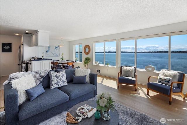 733 S Lake St Unit 312, Kirkland, WA 98033 - living area featuring wood finished floors, a textured ceiling, a water view, and baseboards