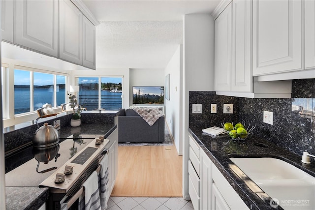 733 S Lake St Unit 312, Kirkland, WA 98033 - kitchen featuring stainless steel electric stove, backsplash, a sink, light tile patterned floors, and open floor plan