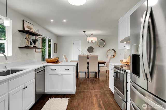 kitchen featuring open shelves, dark wood-style floors, under cabinet range hood, a sink, and appliances with stainless steel finishes