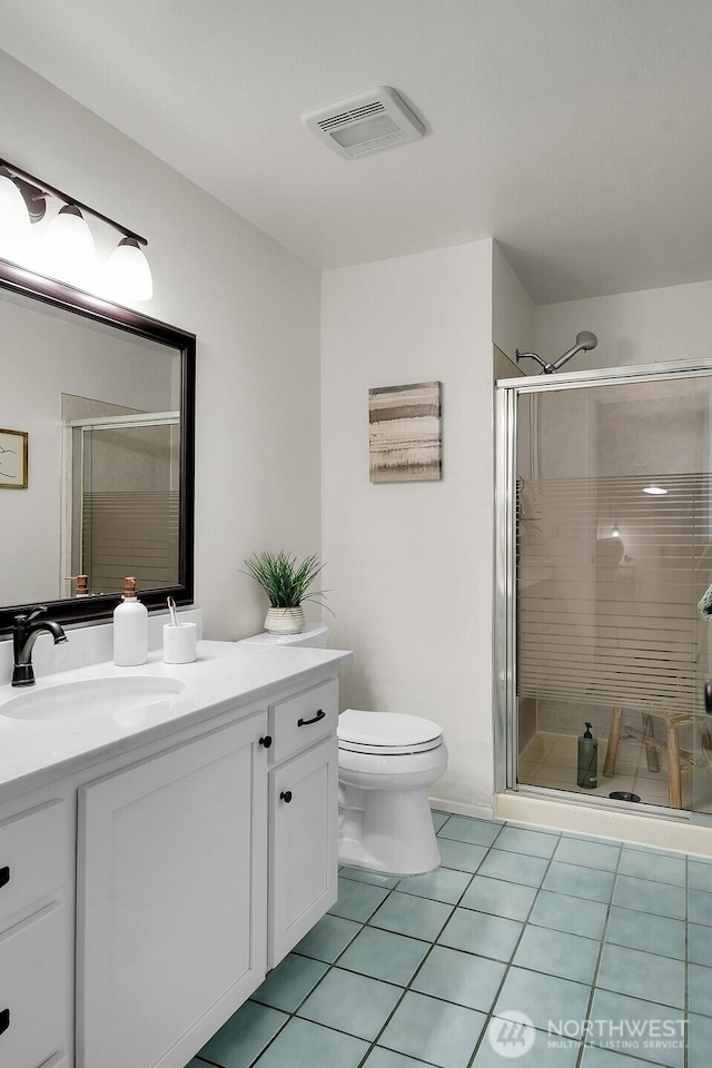 full bathroom with visible vents, tile patterned flooring, vanity, toilet, and a shower stall