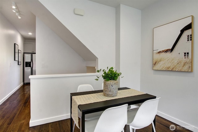 dining space featuring recessed lighting, baseboards, and dark wood-style floors