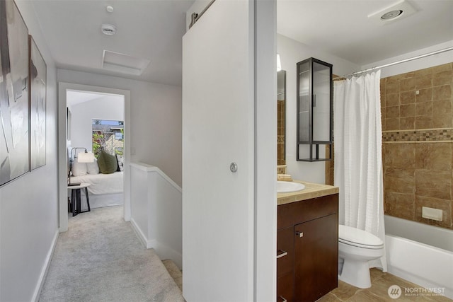 full bathroom with toilet, shower / tub combo, and vanity
