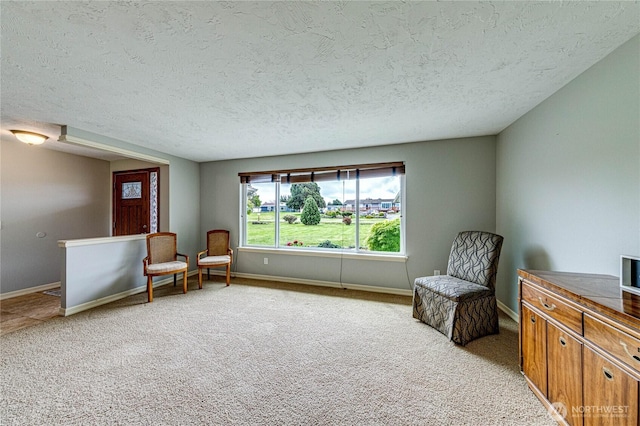 sitting room featuring baseboards, a textured ceiling, and light carpet