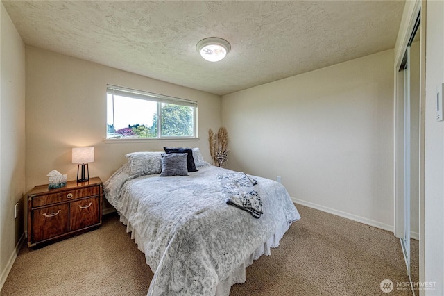 bedroom with baseboards, a textured ceiling, carpet, and a closet