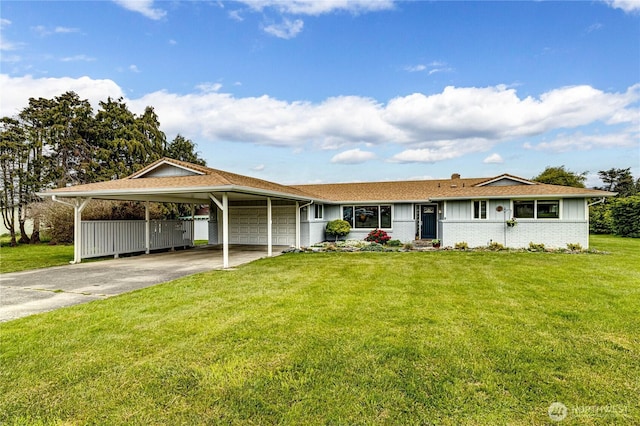 view of front facade featuring an attached garage, a front lawn, board and batten siding, an attached carport, and driveway