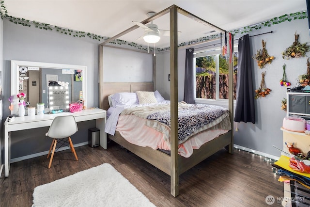 bedroom with a ceiling fan and wood finished floors