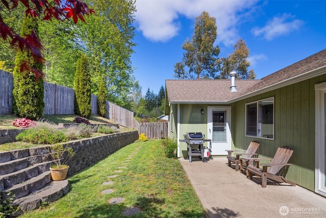 view of yard with a fenced backyard and a patio area