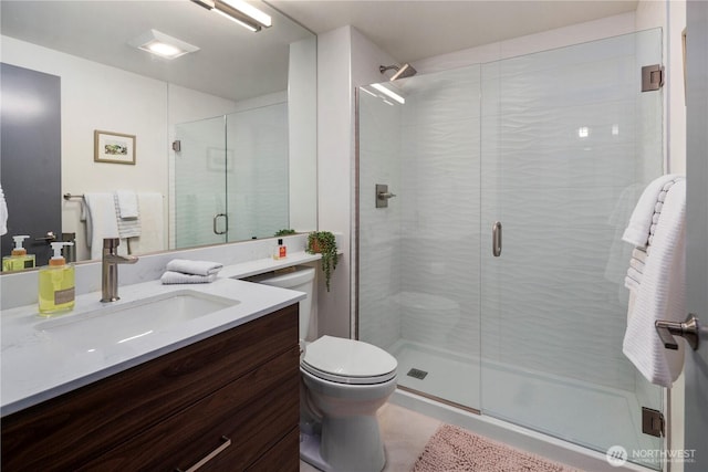 full bath featuring vanity, toilet, and a shower stall