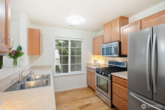 kitchen featuring a sink, light countertops, stainless steel appliances, and light wood finished floors