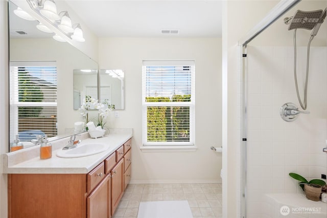 full bath featuring a healthy amount of sunlight, a stall shower, and visible vents