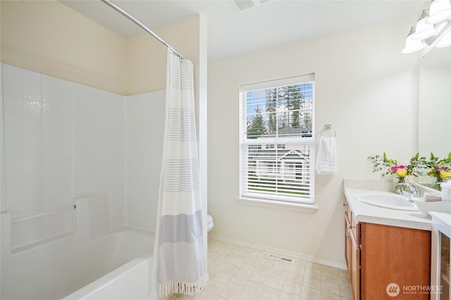 full bath featuring tile patterned flooring, shower / bath combo, vanity, toilet, and visible vents