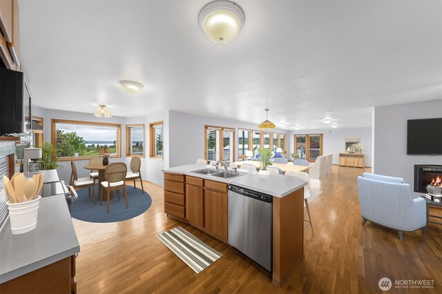 kitchen featuring a sink, dishwasher, open floor plan, wood finished floors, and a lit fireplace