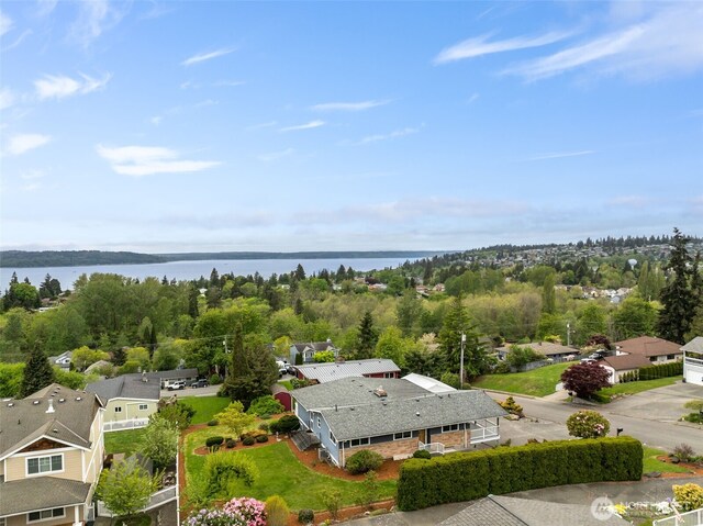 aerial view featuring a water view