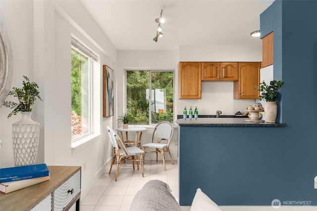 1156 Alki Ave SW Unit 401, Seattle, WA 98116 - kitchen with dark countertops, light tile patterned floors, brown cabinetry, rail lighting, and baseboards