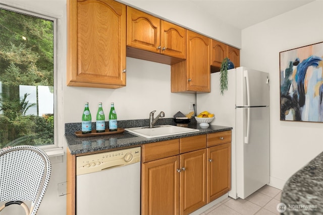 1156 Alki Ave SW Unit 401, Seattle, WA 98116 - kitchen featuring white appliances, a sink, light tile patterned floors, brown cabinetry, and dark stone counters
