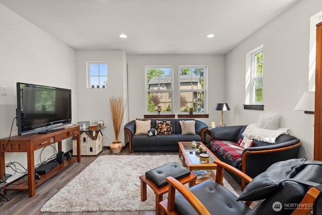 living room featuring recessed lighting and wood finished floors