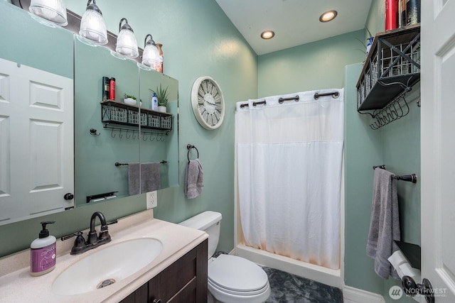bathroom with recessed lighting, a shower with curtain, vanity, and toilet
