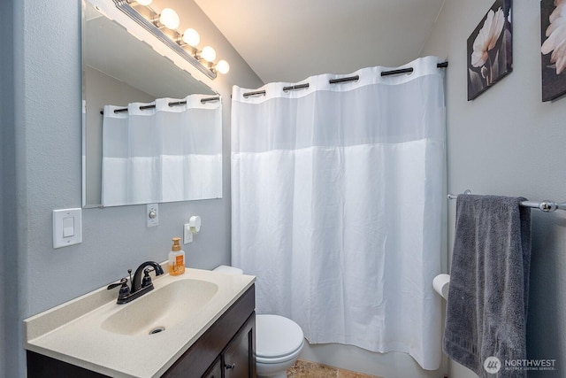 bathroom featuring vanity, vaulted ceiling, toilet, and shower / tub combo