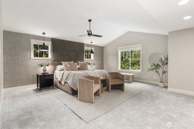 bedroom featuring carpet floors, baseboards, recessed lighting, a ceiling fan, and vaulted ceiling