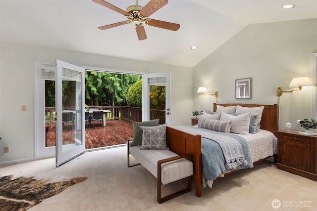 bedroom featuring lofted ceiling, access to outside, recessed lighting, light colored carpet, and a ceiling fan