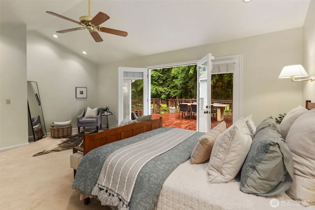carpeted bedroom with ceiling fan, access to exterior, vaulted ceiling, baseboards, and recessed lighting