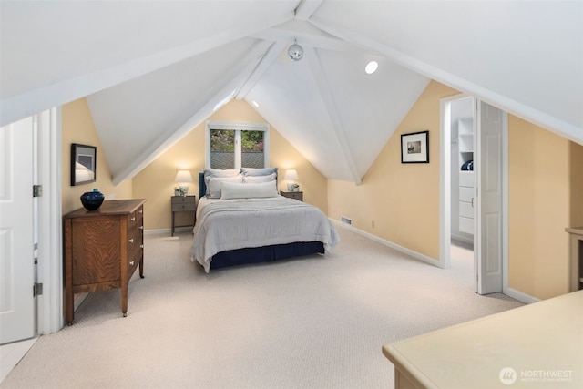 bedroom with baseboards, visible vents, lofted ceiling, and light colored carpet
