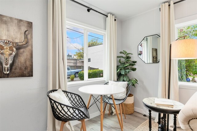 dining area featuring plenty of natural light, baseboards, and wood finished floors