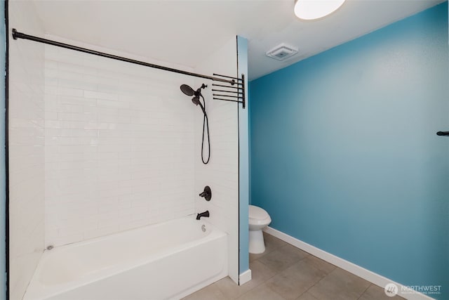 full bathroom featuring visible vents, tub / shower combination, toilet, baseboards, and tile patterned floors