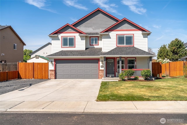 craftsman inspired home with a porch, driveway, a garage, fence, and a front lawn