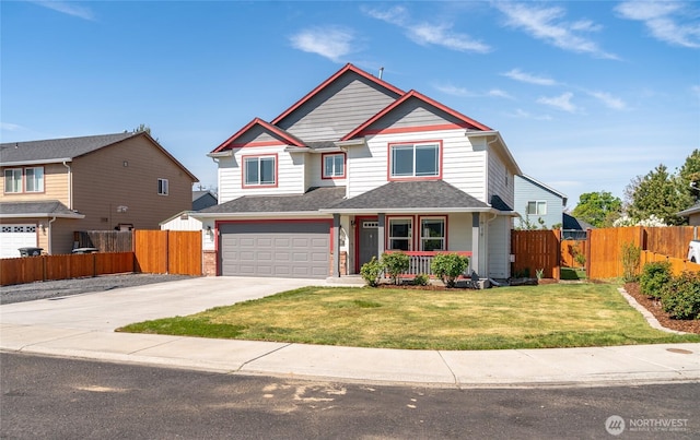 craftsman-style house featuring a porch, fence, driveway, and a garage