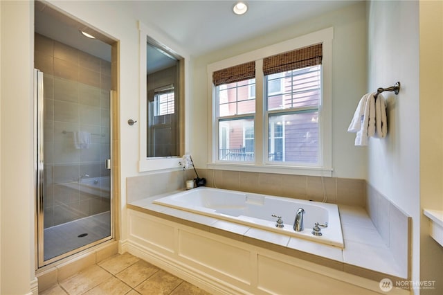 6722 Azalea Way SE, Snoqualmie, WA 98065 - full bath featuring a bath, a shower stall, tile patterned flooring, and recessed lighting