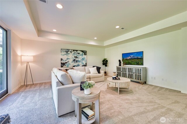 6722 Azalea Way SE, Snoqualmie, WA 98065 - living room with carpet floors, baseboards, recessed lighting, and a raised ceiling